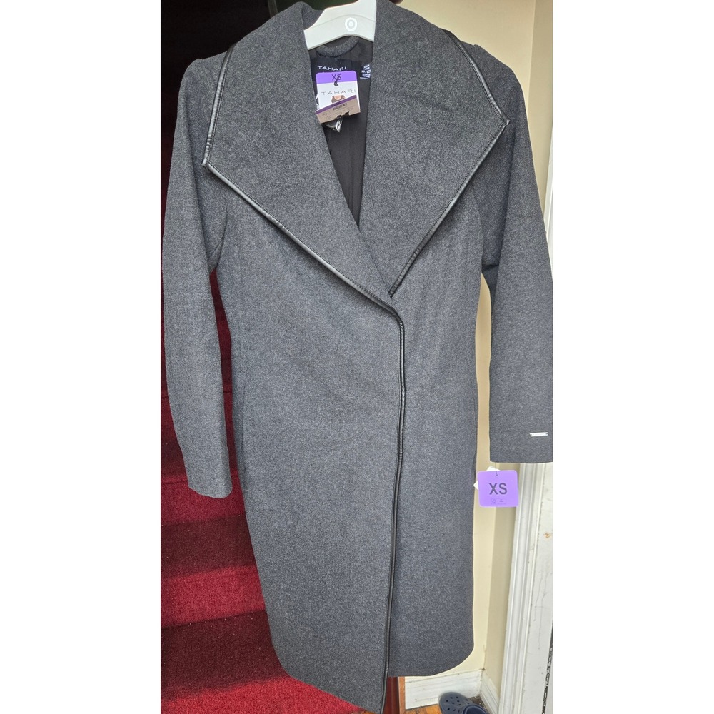 Tahari Womens Grey Wrap Coat Faux Leather Trim Wing Collar Belted XS 1894402